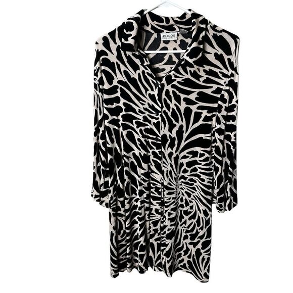 Chico's Travelers Dress Button Down 3/4 Sleeve Jersey Beige/ Black Size 2 large - Picture 1 of 9